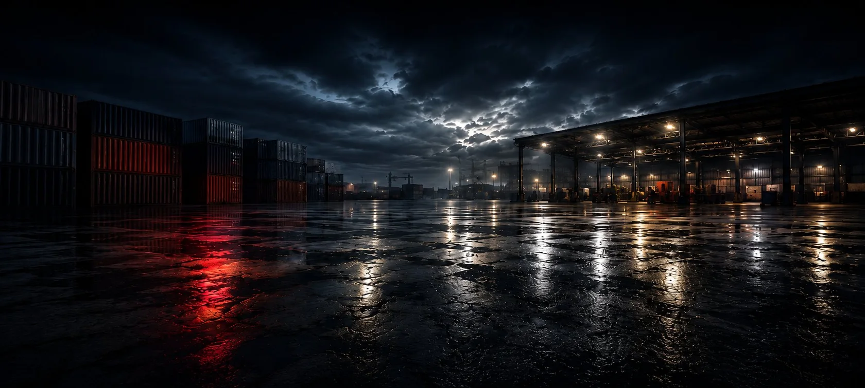 Night port with containers and warehouse